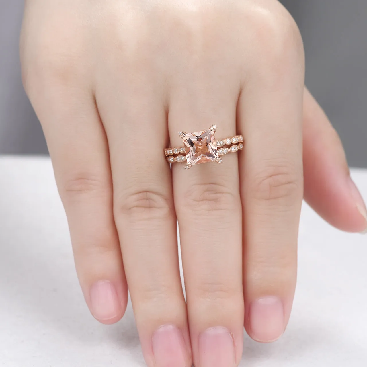 Princess Cut Morganite Hidden Diamond Halo Wedding Ring Set 14K Rose Gold Statement Ring