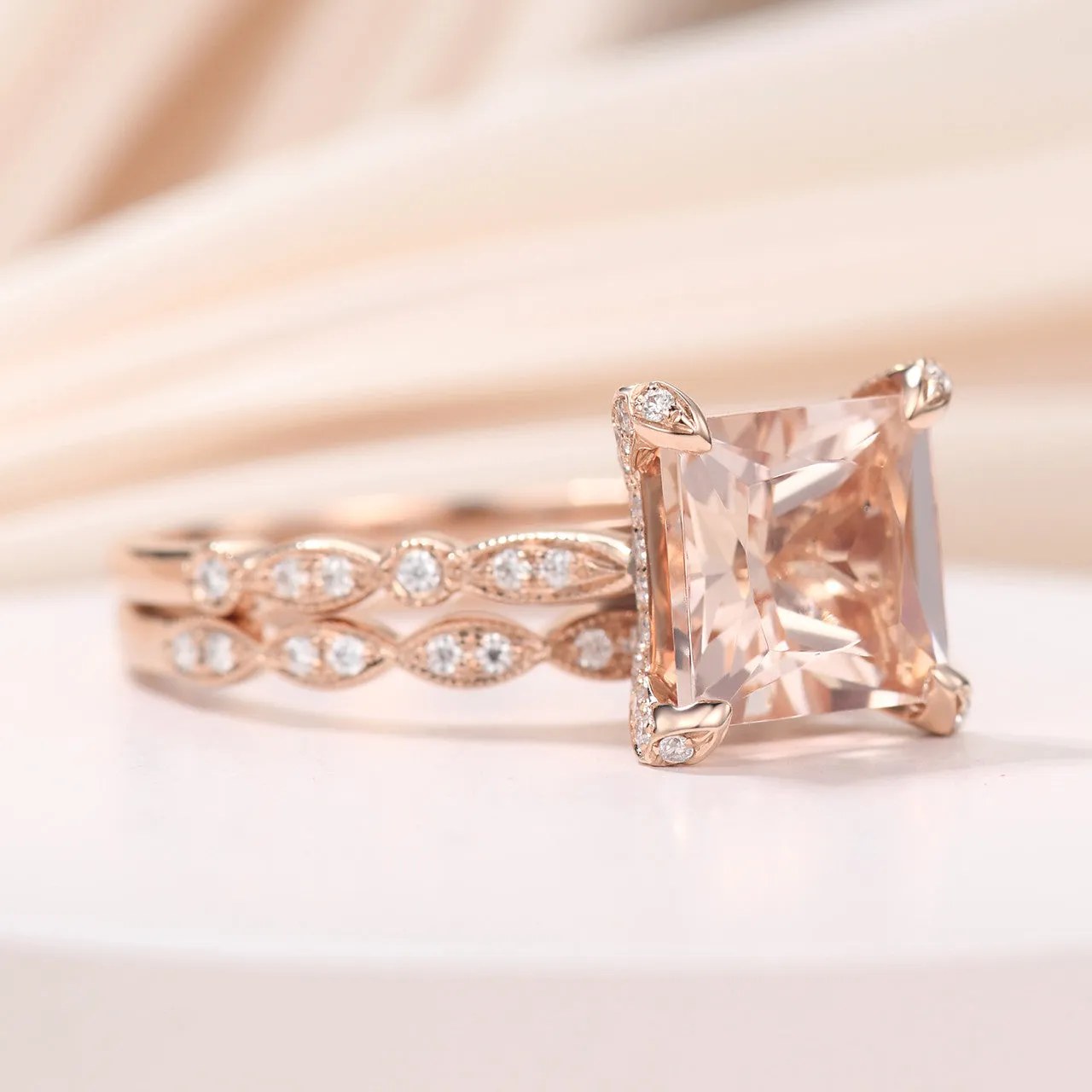 Princess Cut Morganite Hidden Diamond Halo Wedding Ring Set 14K Rose Gold Statement Ring