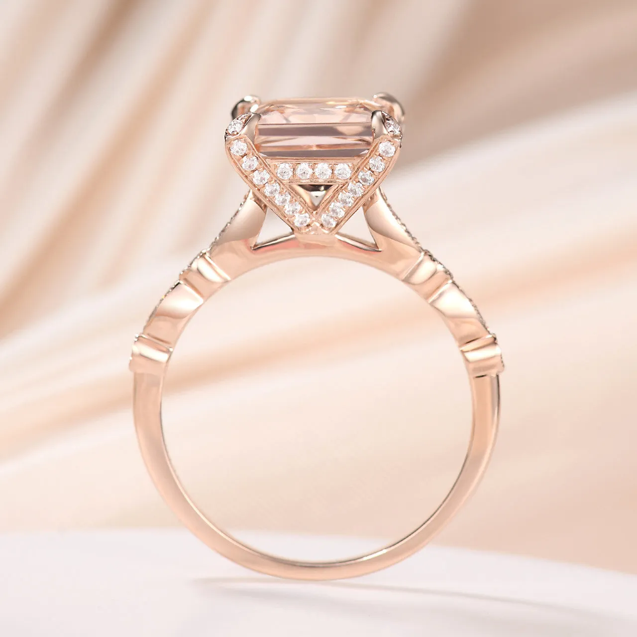 Princess Cut Morganite Hidden Diamond Halo Wedding Ring Set 14K Rose Gold Statement Ring