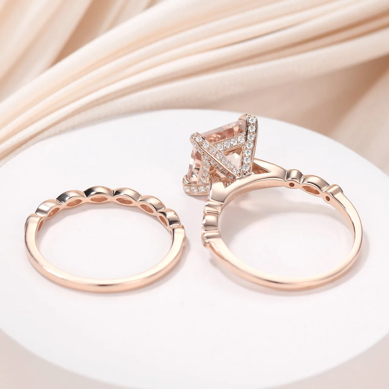 Princess Cut Morganite Hidden Diamond Halo Wedding Ring Set 14K Rose Gold Statement Ring