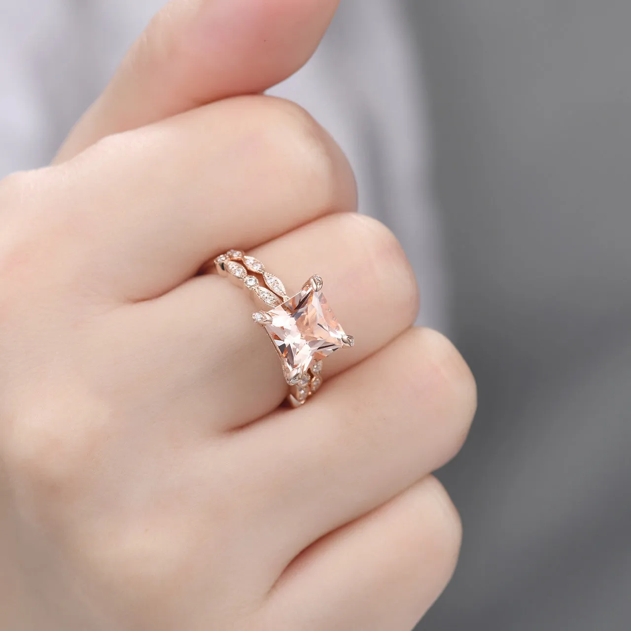 Princess Cut Morganite Hidden Diamond Halo Wedding Ring Set 14K Rose Gold Statement Ring