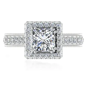 Princess Diamond Halo Engagement Ring 18K White Gold Setting