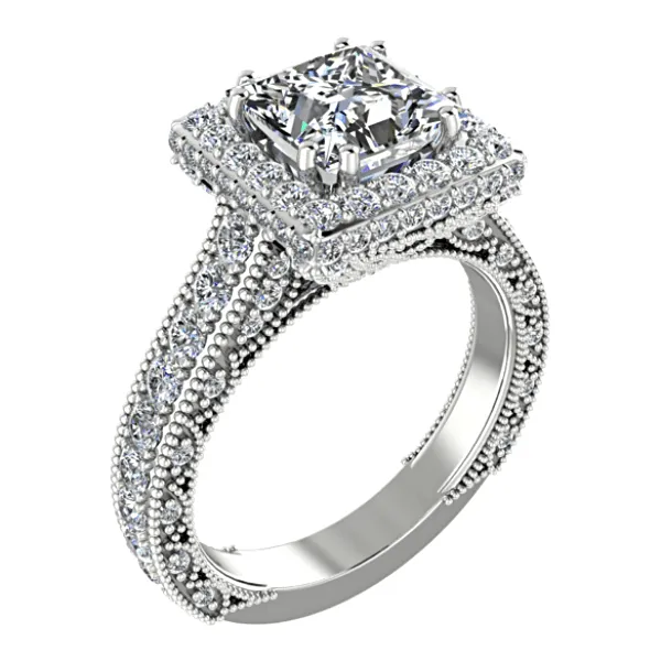 Princess Diamond Halo Engagement Ring 18K White Gold Setting