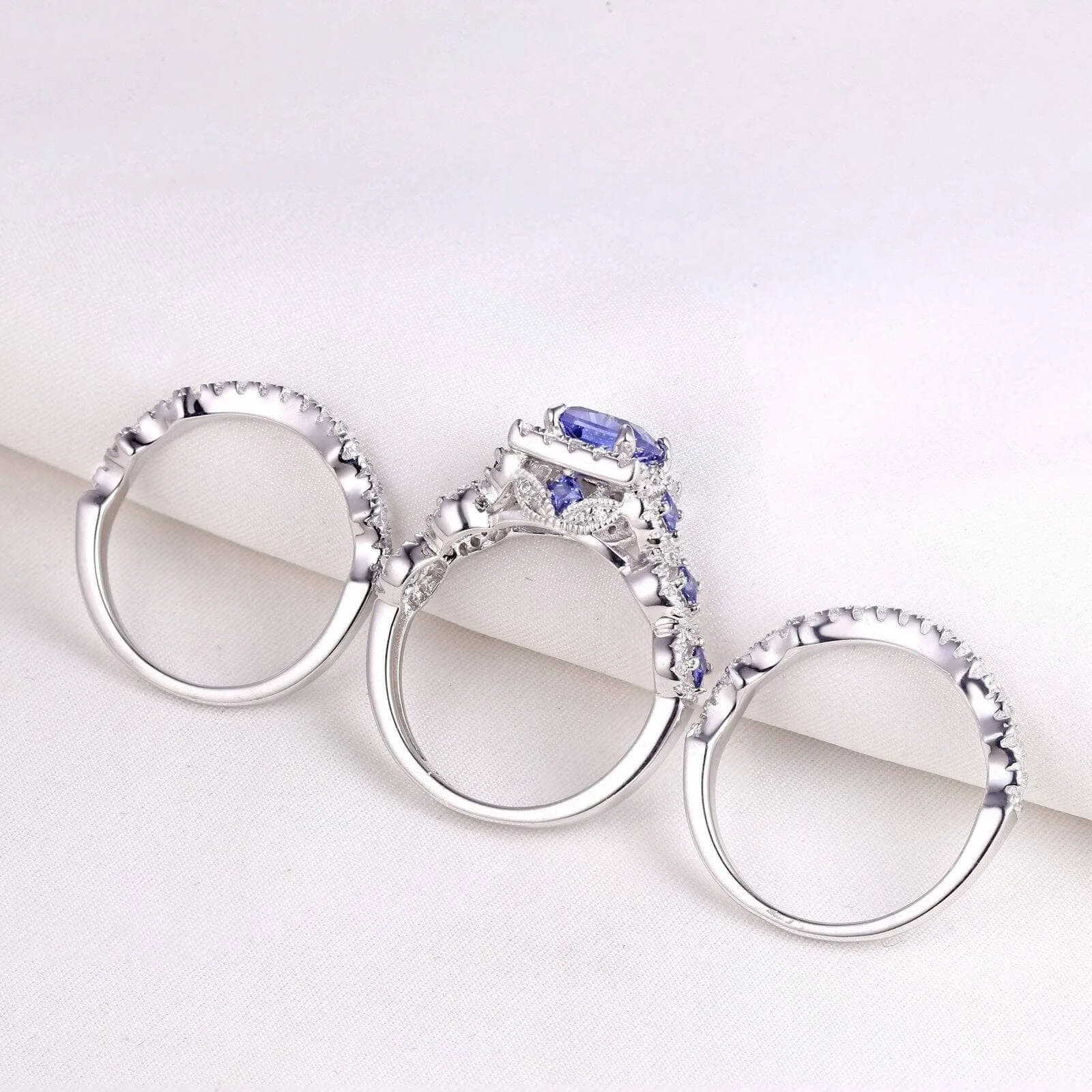 Purple Blue Princess Cut Tanzanite Gemstone Engagement Ring Set