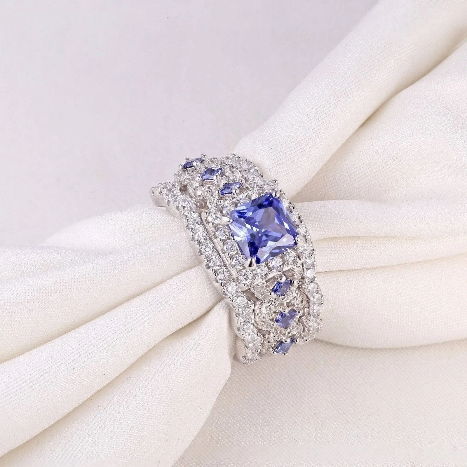 Purple Blue Princess Cut Tanzanite Gemstone Engagement Ring Set
