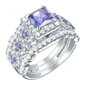 Purple Blue Princess Cut Tanzanite Gemstone Engagement Ring Set
