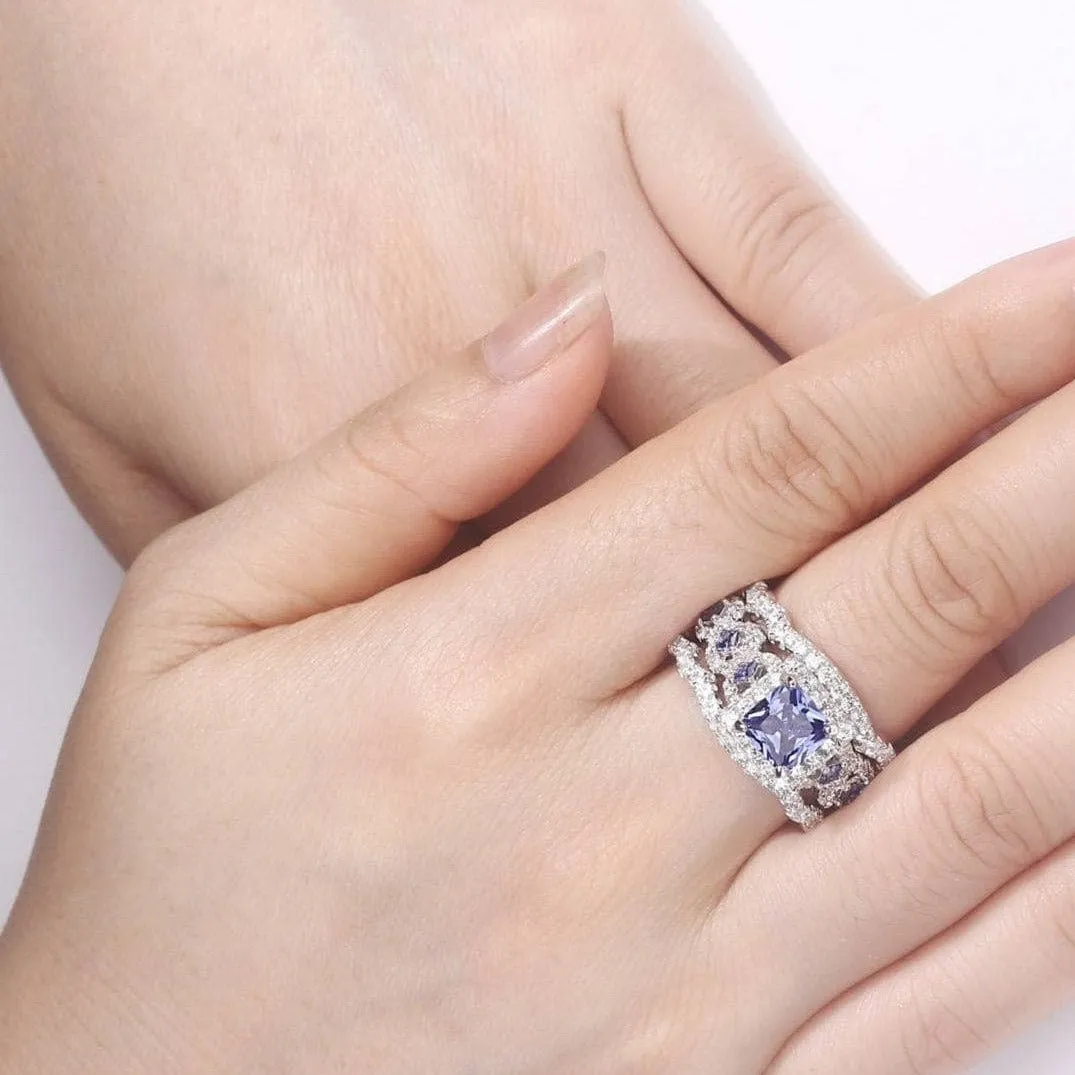 Purple Blue Princess Cut Tanzanite Gemstone Engagement Ring Set