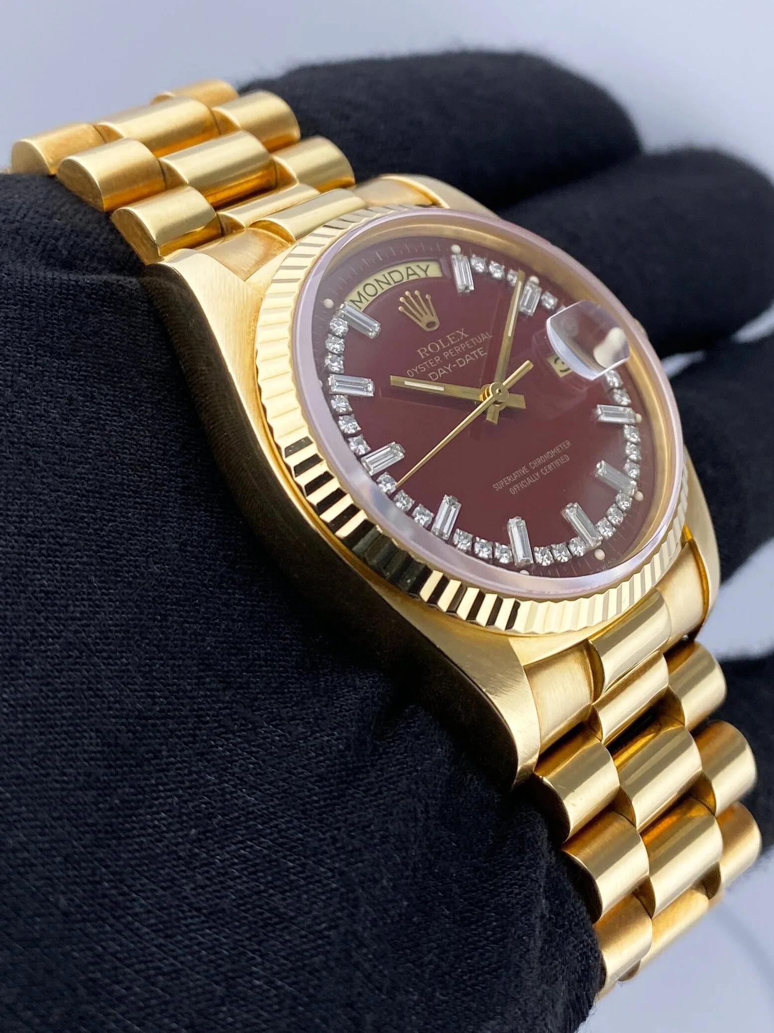 Rolex Day Date 18038 Diamond OxBlood Stella Dial Mens Watch