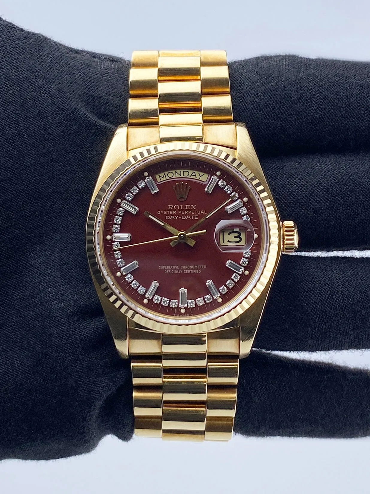 Rolex Day Date 18038 Diamond OxBlood Stella Dial Mens Watch