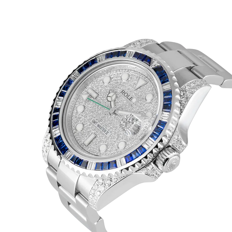 Rolex GMT-Master II Stainless Steel Diamond Set Blue Custom Bezel Diamond PavE Dial 116710LN