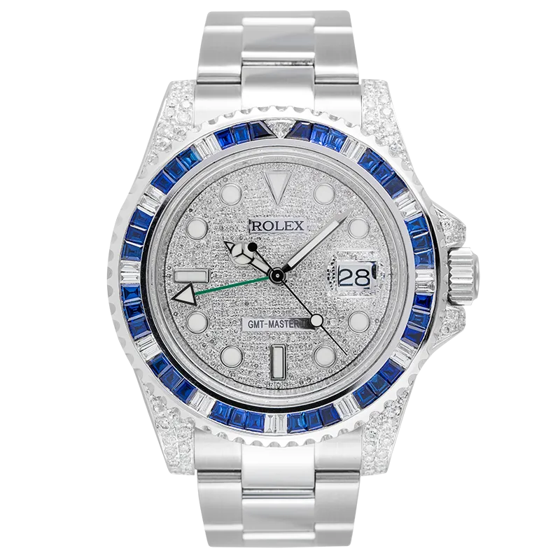 Rolex GMT-Master II Stainless Steel Diamond Set Blue Custom Bezel Diamond PavE Dial 116710LN