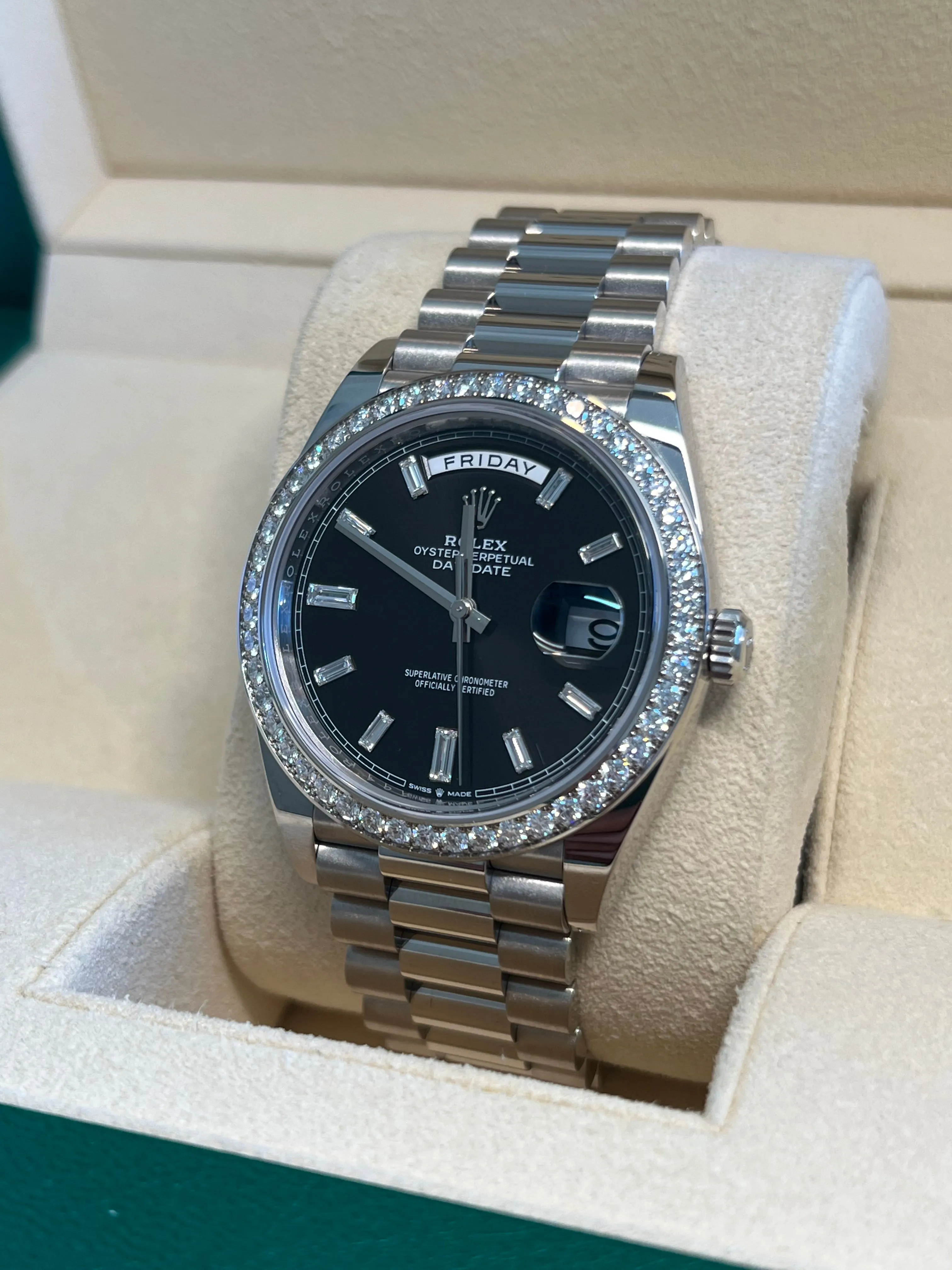 Rolex - Unworn White Gold Day-Date Presidential Black Baguette Dial Diamond Bezel 228349RBR