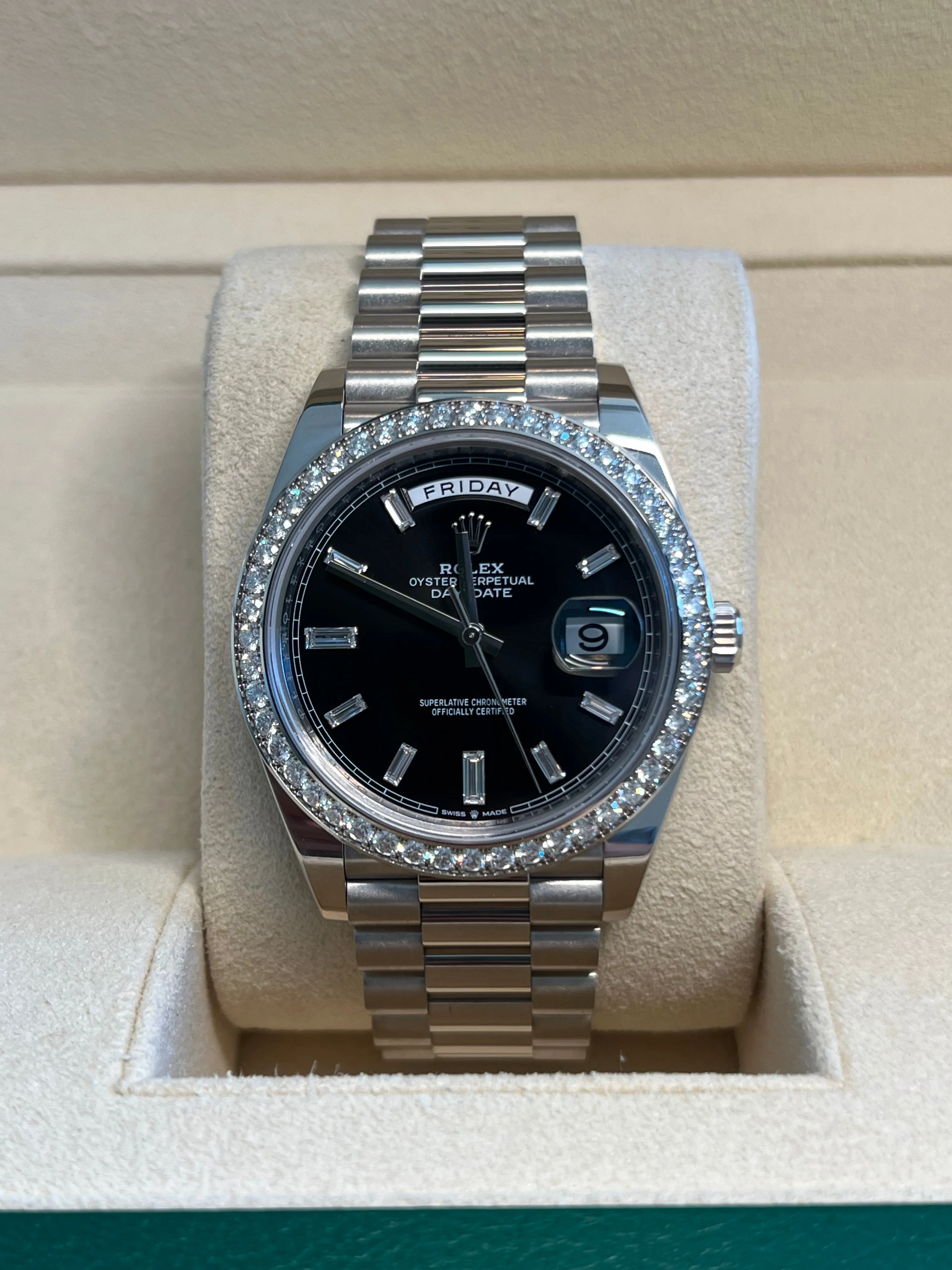 Rolex - Unworn White Gold Day-Date Presidential Black Baguette Dial Diamond Bezel 228349RBR