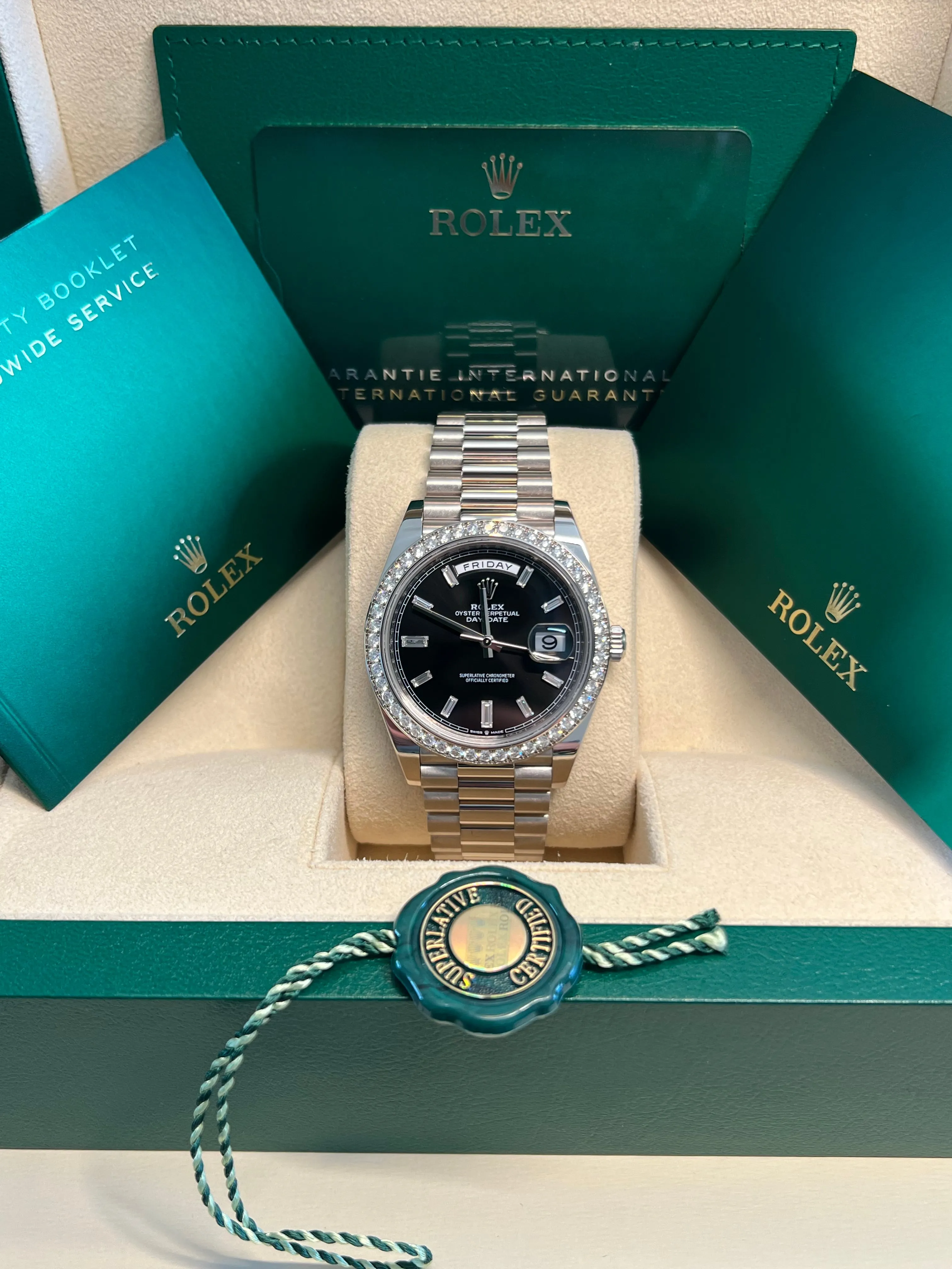 Rolex - Unworn White Gold Day-Date Presidential Black Baguette Dial Diamond Bezel 228349RBR