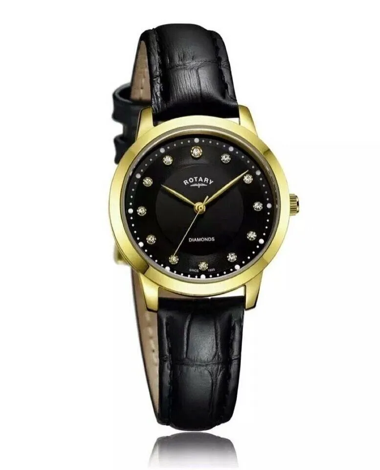 Rotary Ladies Gold Plated Case Black Leather Strap Diamond Set Black Dial Watch