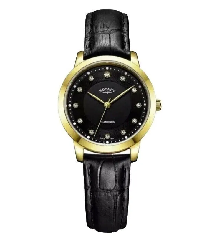 Rotary Ladies Gold Plated Case Black Leather Strap Diamond Set Black Dial Watch