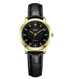 Rotary Ladies Gold Plated Case Black Leather Strap Diamond Set Black Dial Watch