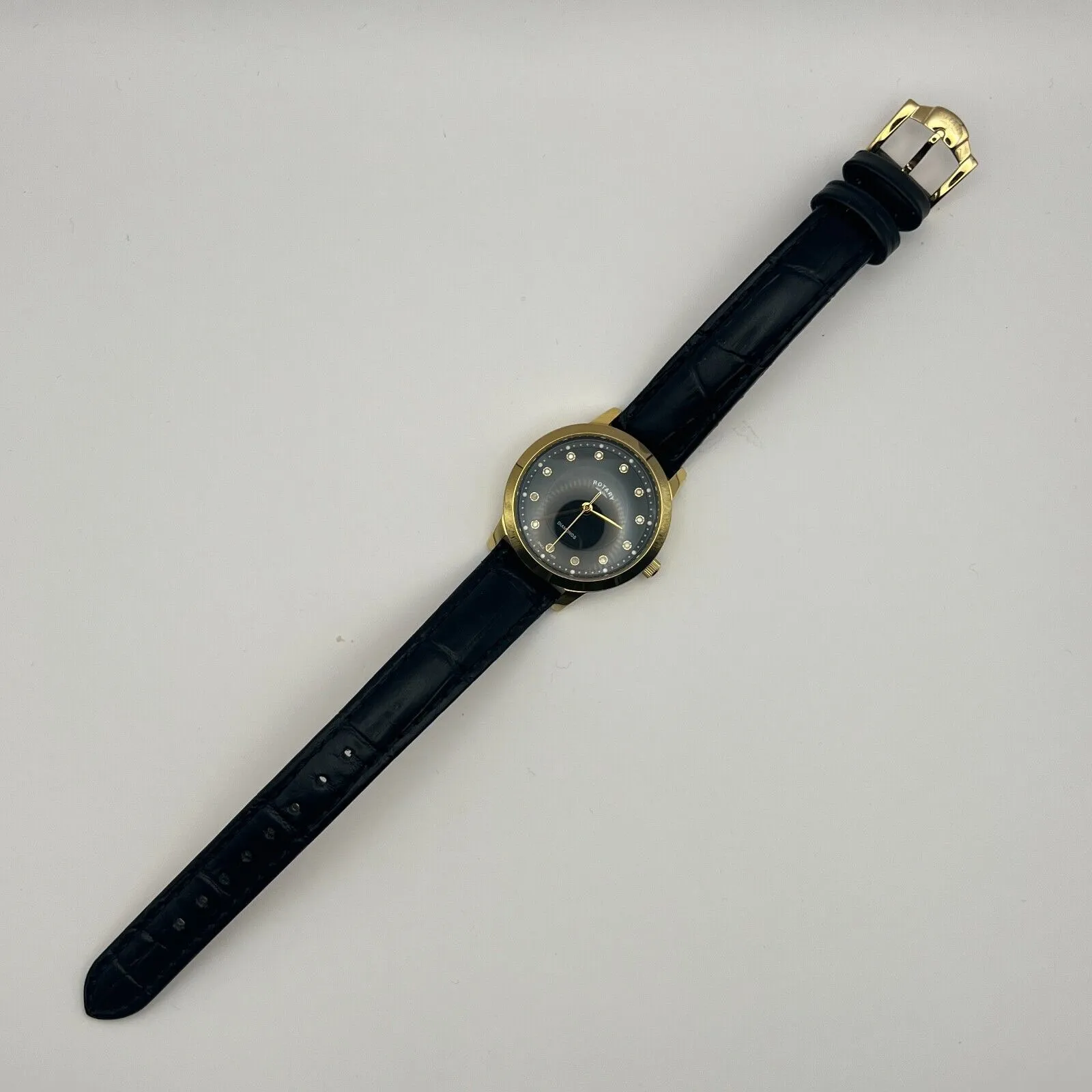 Rotary Ladies Gold Plated Case Black Leather Strap Diamond Set Black Dial Watch
