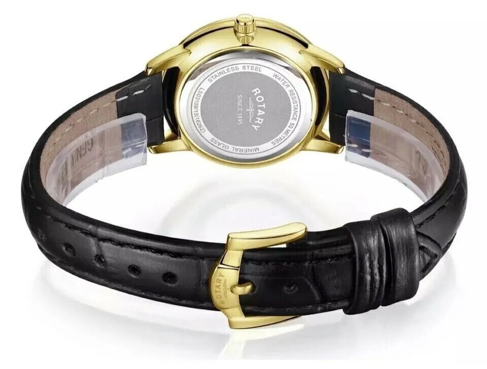 Rotary Ladies Gold Plated Case Black Leather Strap Diamond Set Black Dial Watch