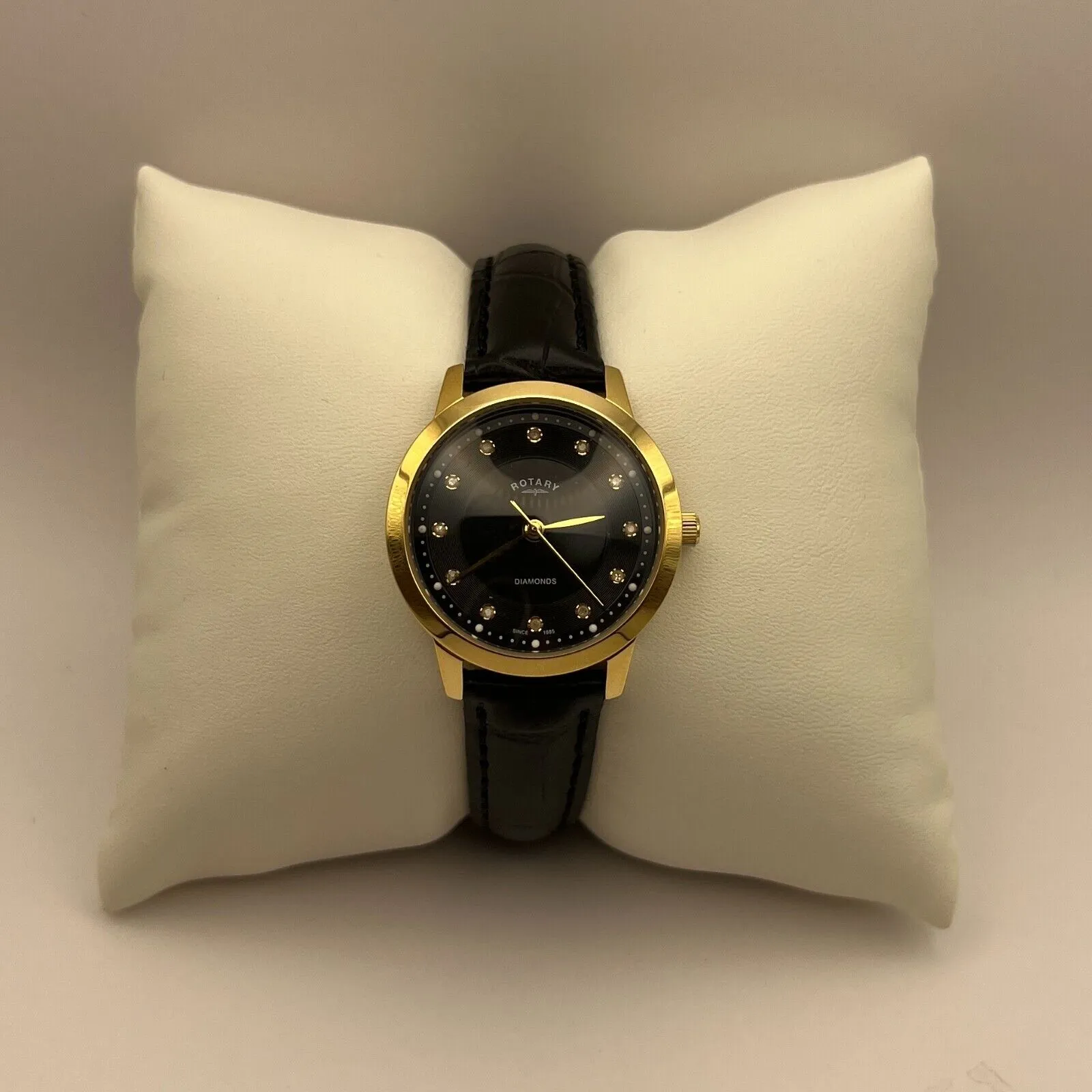 Rotary Ladies Gold Plated Case Black Leather Strap Diamond Set Black Dial Watch