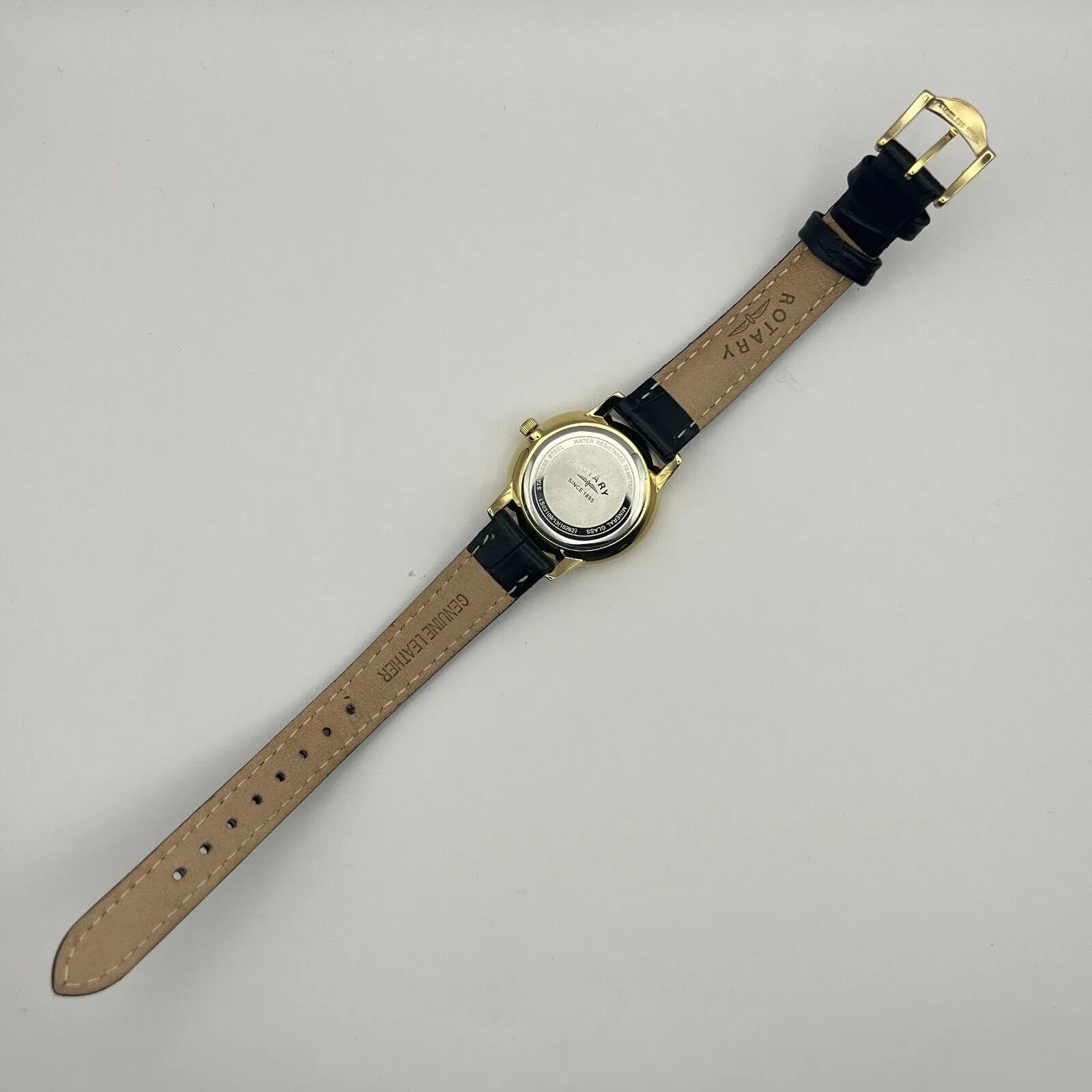 Rotary Ladies Gold Plated Case Black Leather Strap Diamond Set Black Dial Watch