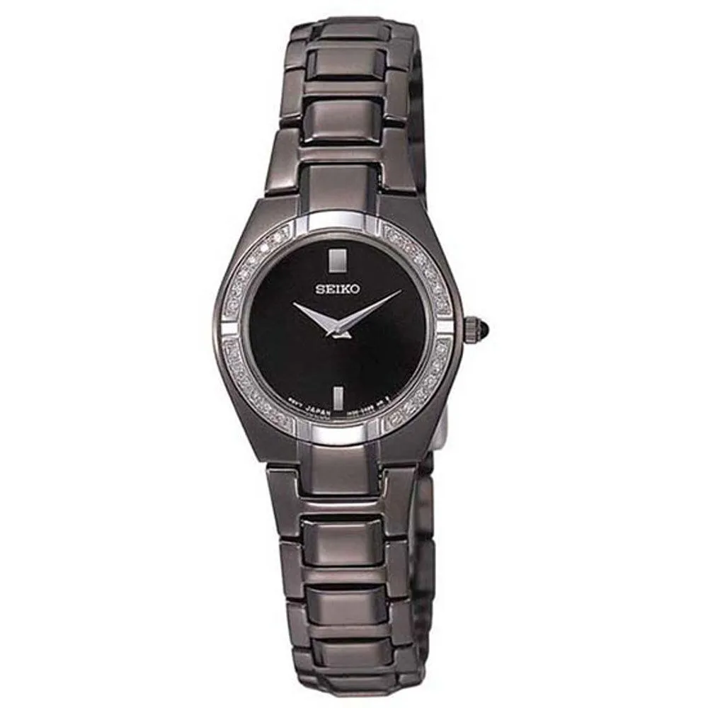 Seiko SUJF11 Women's Dress Diamond Accented Bezel Black Dial Quartz Black Ion Plated Watch