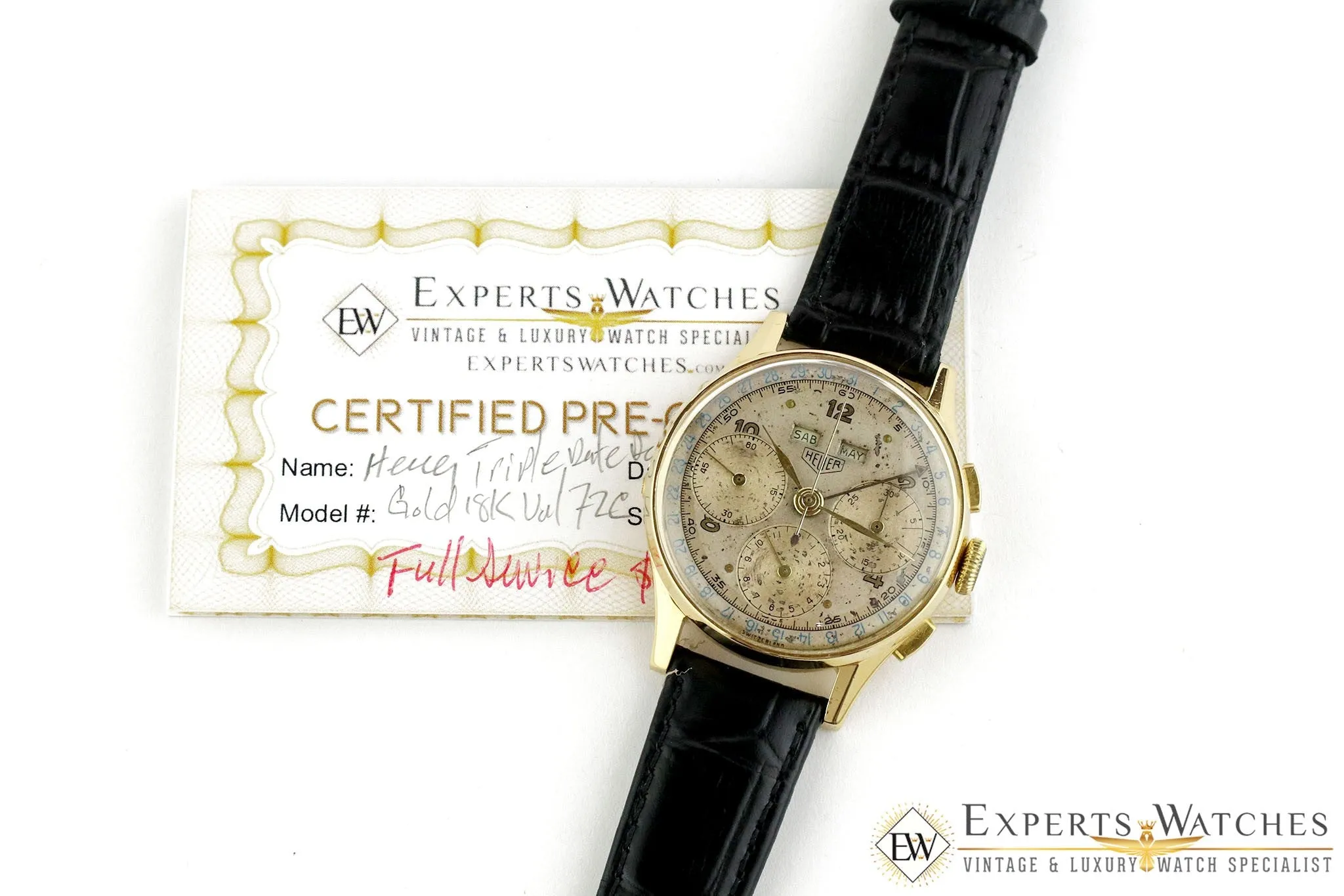 Serviced Vintage 1947 Heuer 2558 18K Gold Dato Compax DATORA Valjoux 72C