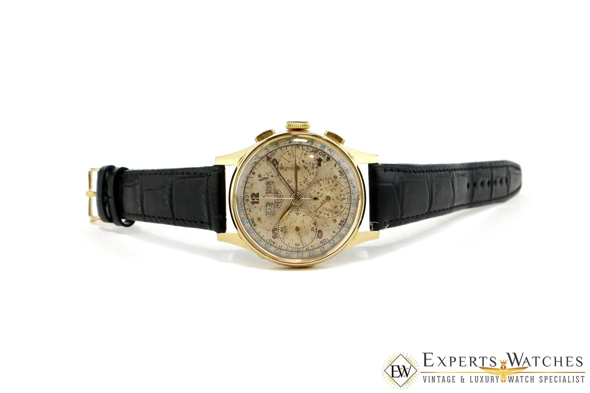 Serviced Vintage 1947 Heuer 2558 18K Gold Dato Compax DATORA Valjoux 72C