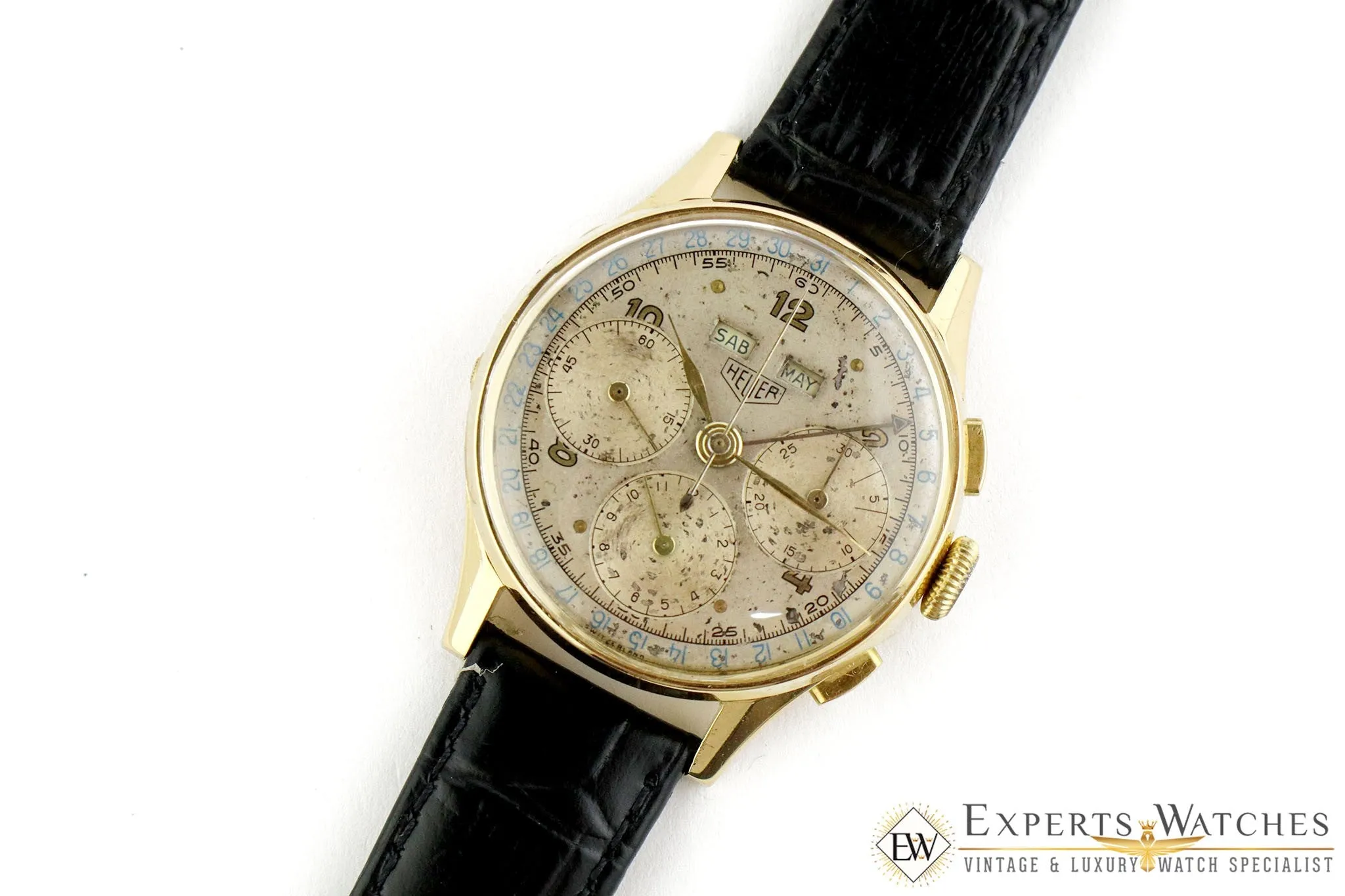 Serviced Vintage 1947 Heuer 2558 18K Gold Dato Compax DATORA Valjoux 72C