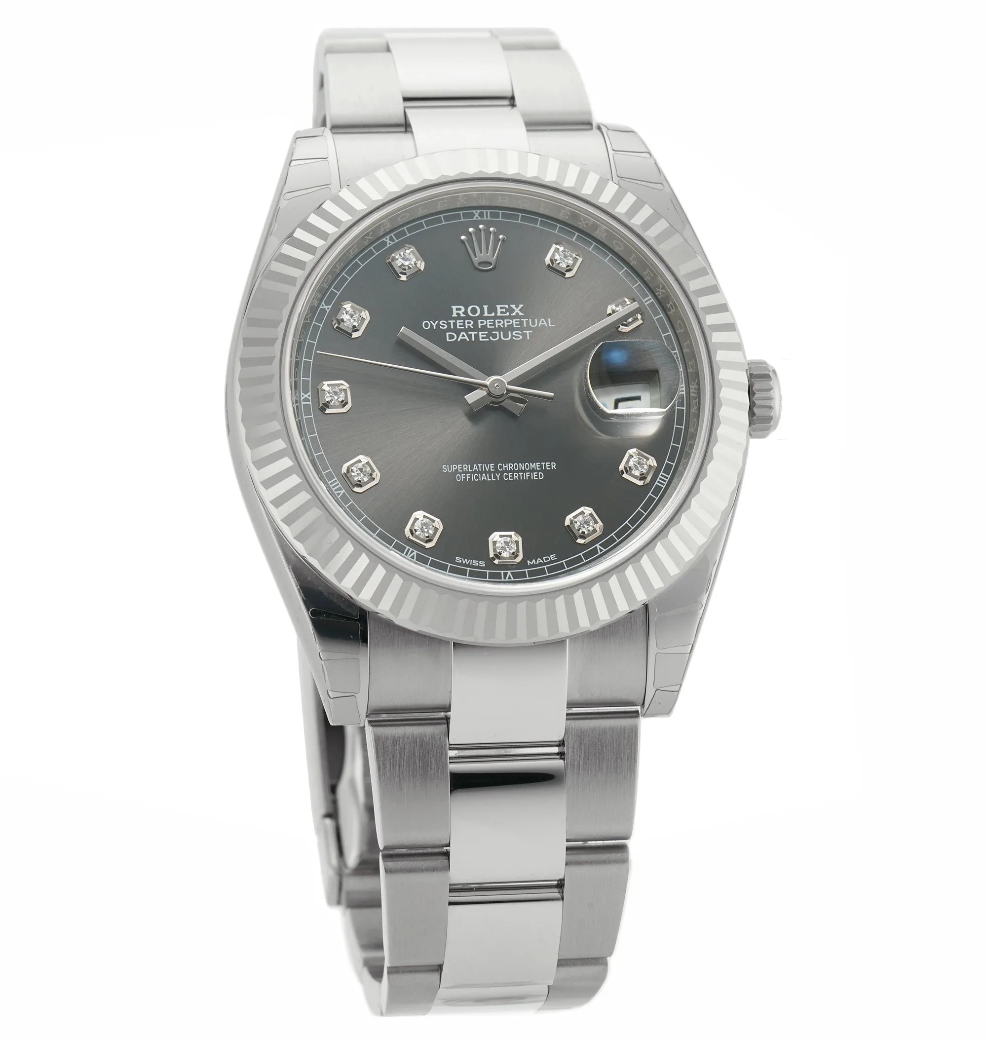 Steel Rhodium Diamond Dial Fluted Bezel Oyster Bracelet 41mm