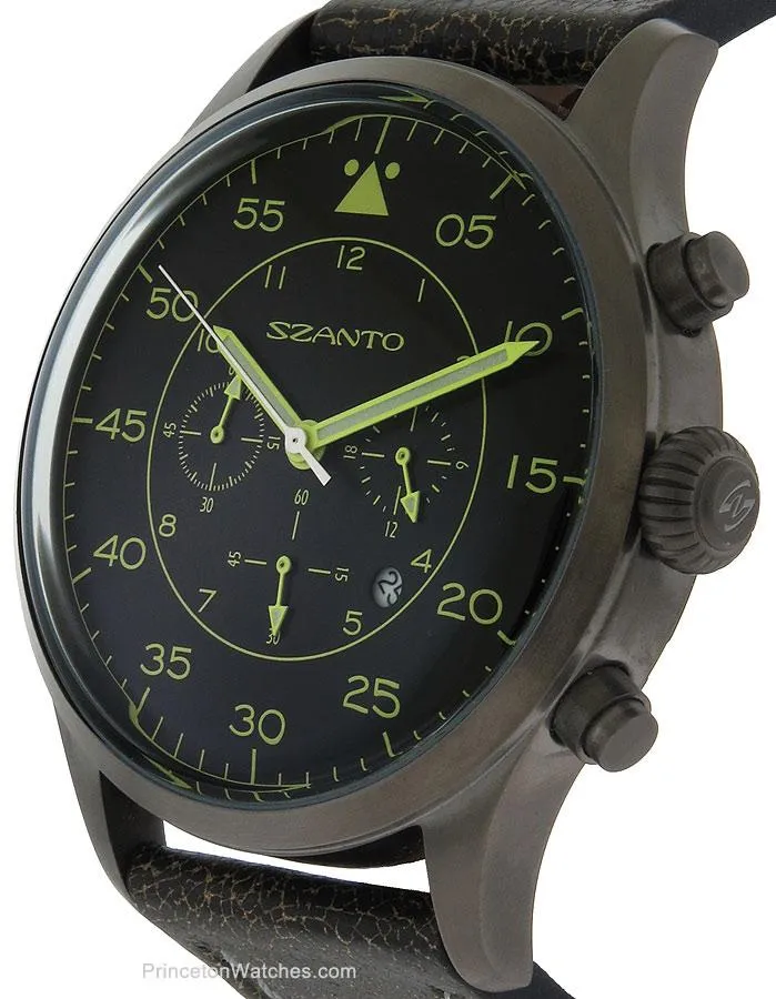 Szanto Mens 2600 Series Chronograph - Black Dial - Strap - Yellow Highlights