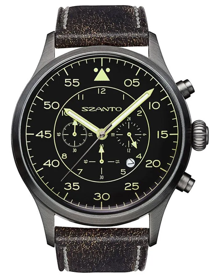 Szanto Mens 2600 Series Chronograph - Black Dial - Strap - Yellow Highlights