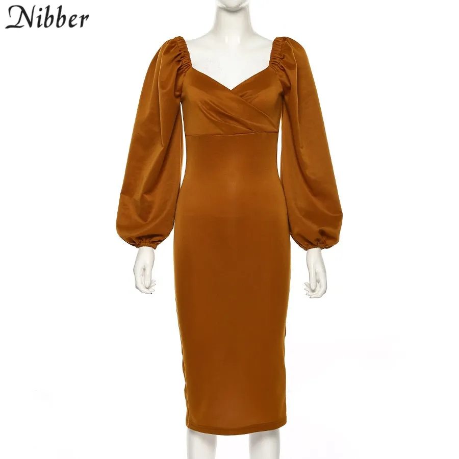 V Neck off shoulder Elegant midi dress