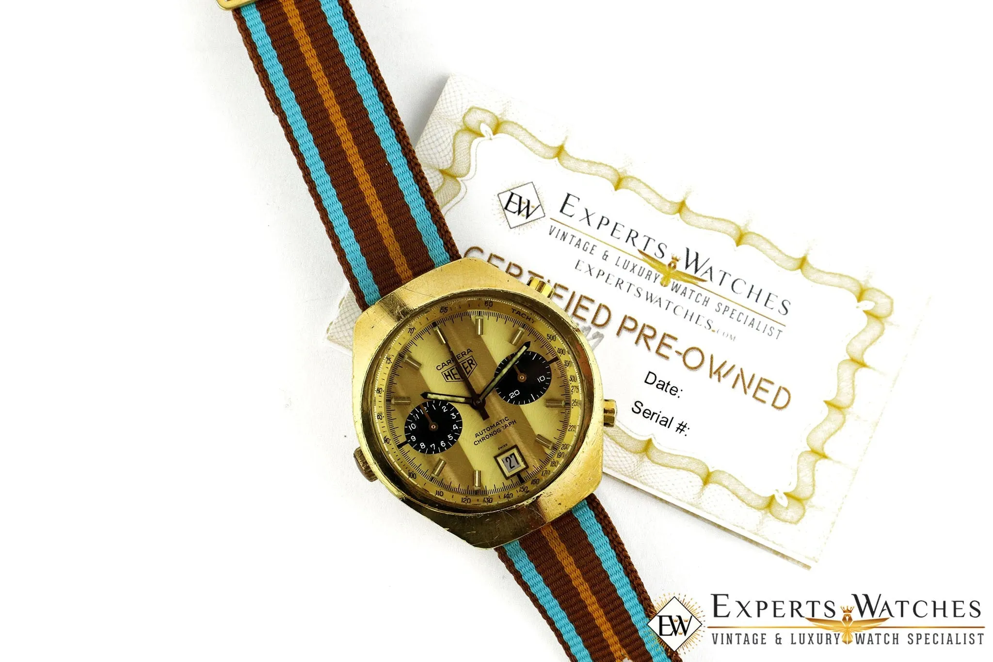 Vintage 1974 Heuer Carrera 110.515 CHN Gold Panda Chronograph Cal 12 Watch CPO