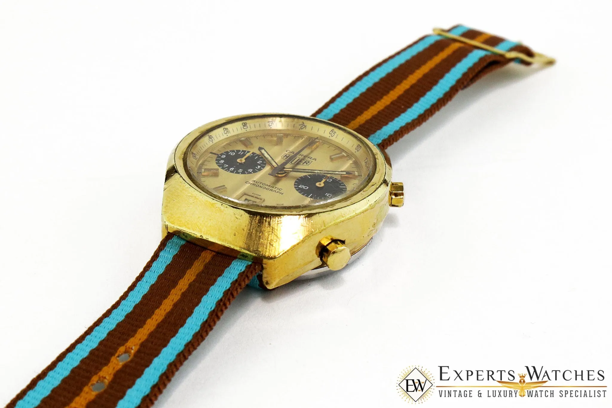 Vintage 1974 Heuer Carrera 110.515 CHN Gold Panda Chronograph Cal 12 Watch CPO