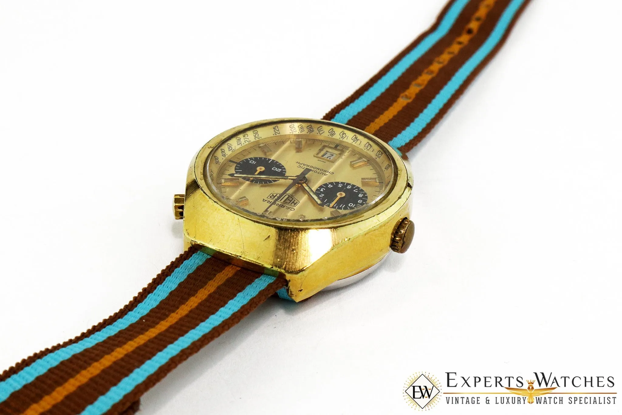 Vintage 1974 Heuer Carrera 110.515 CHN Gold Panda Chronograph Cal 12 Watch CPO
