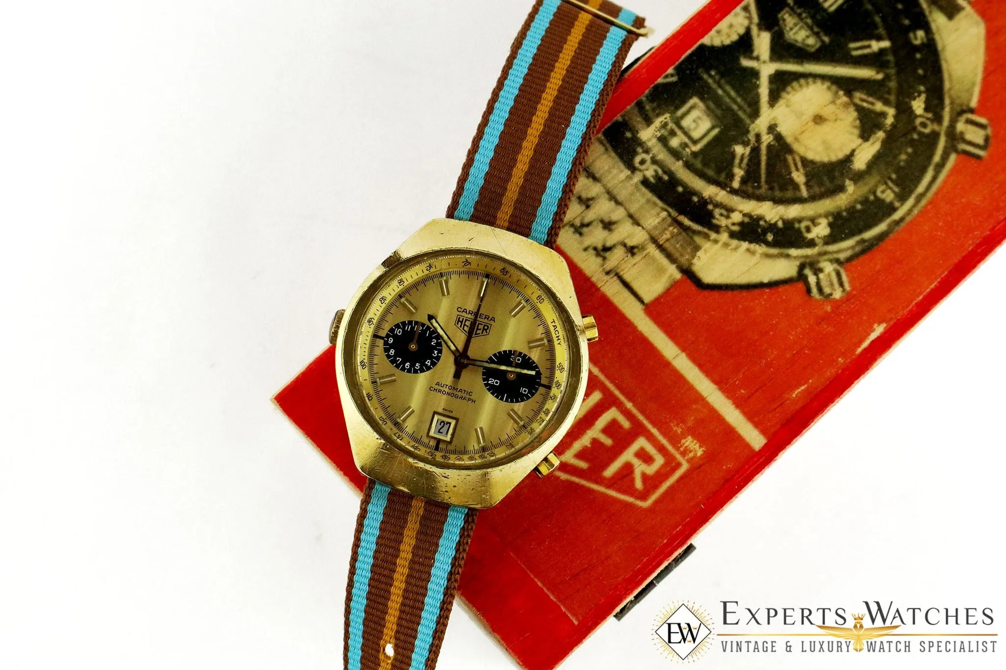 Vintage 1974 Heuer Carrera 110.515 CHN Gold Panda Chronograph Cal 12 Watch CPO