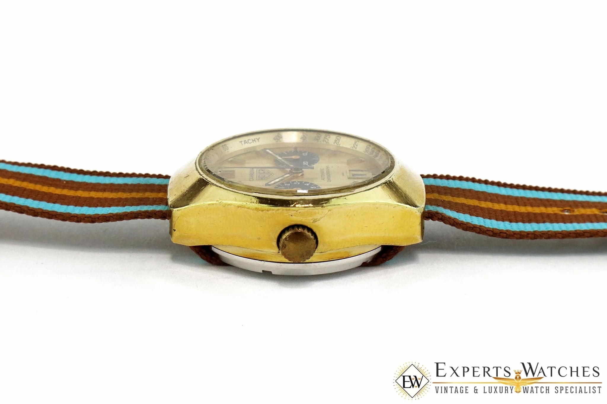 Vintage 1974 Heuer Carrera 110.515 CHN Gold Panda Chronograph Cal 12 Watch CPO