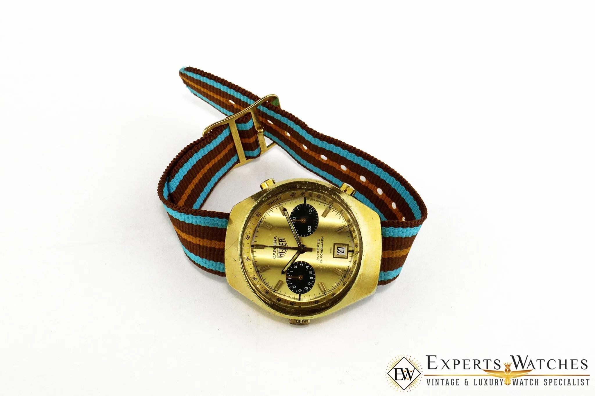 Vintage 1974 Heuer Carrera 110.515 CHN Gold Panda Chronograph Cal 12 Watch CPO