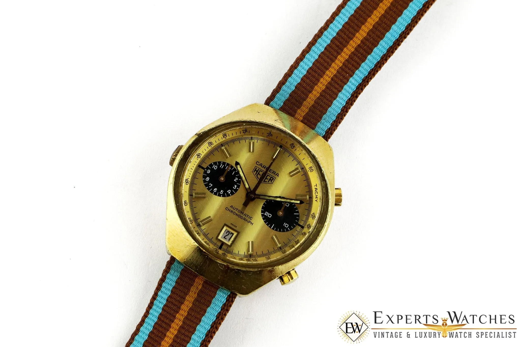 Vintage 1974 Heuer Carrera 110.515 CHN Gold Panda Chronograph Cal 12 Watch CPO