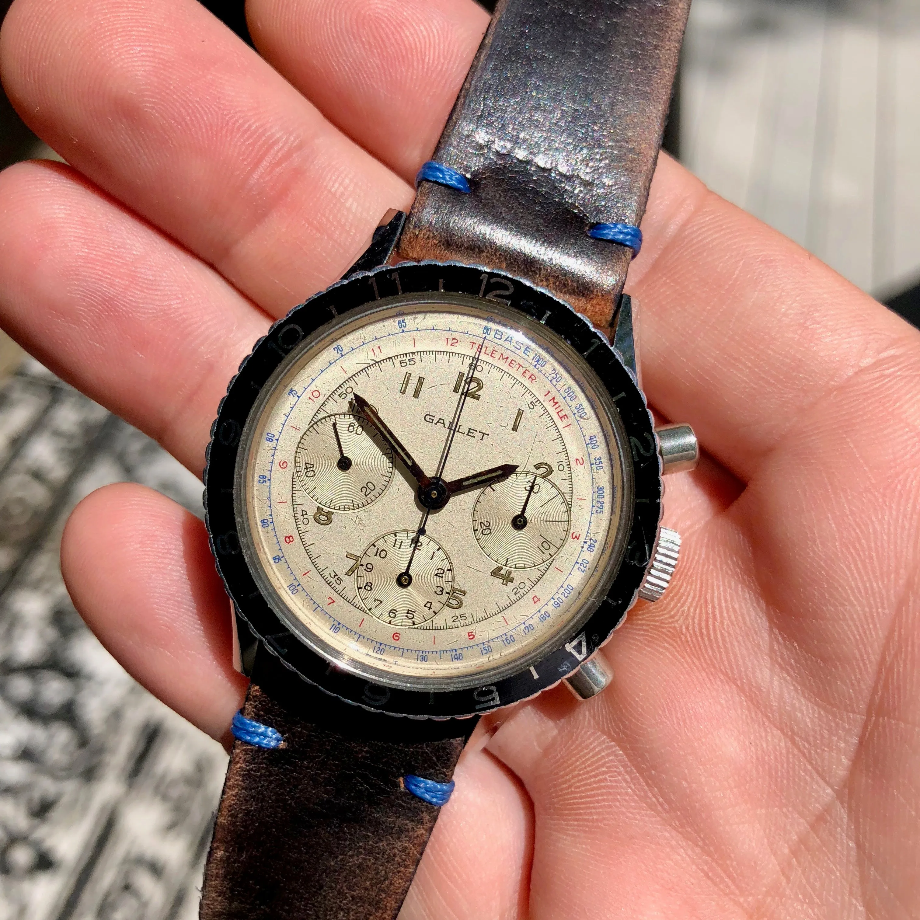 Vintage Gallet MultiChron Pilot Valjoux 72 Chronograph White Stainless Steel Wristwatch