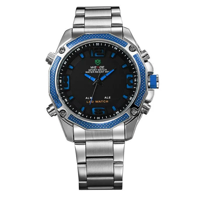 WEIDE Men Military Army Watch Analog LED Digital Stainless Steel Multifunction Quartz Sports Watch Men's Wristwatches