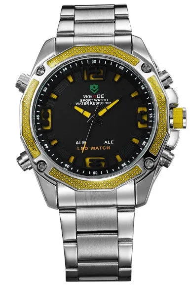 WEIDE Men Military Army Watch Analog LED Digital Stainless Steel Multifunction Quartz Sports Watch Men's Wristwatches