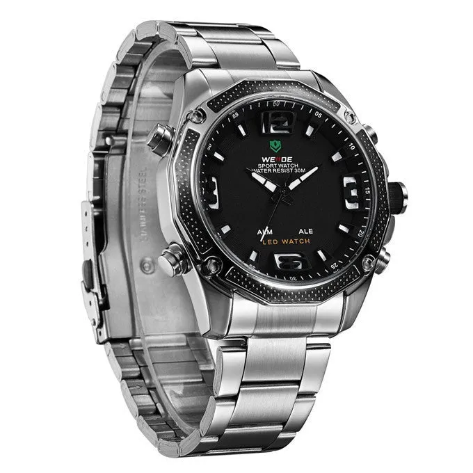 WEIDE Men Military Army Watch Analog LED Digital Stainless Steel Multifunction Quartz Sports Watch Men's Wristwatches